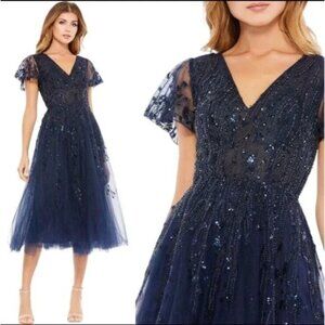 NEW | Mac Duggal Midnight Navy 20304 Beaded Flutter Sleeve Tulle Tea Length 14